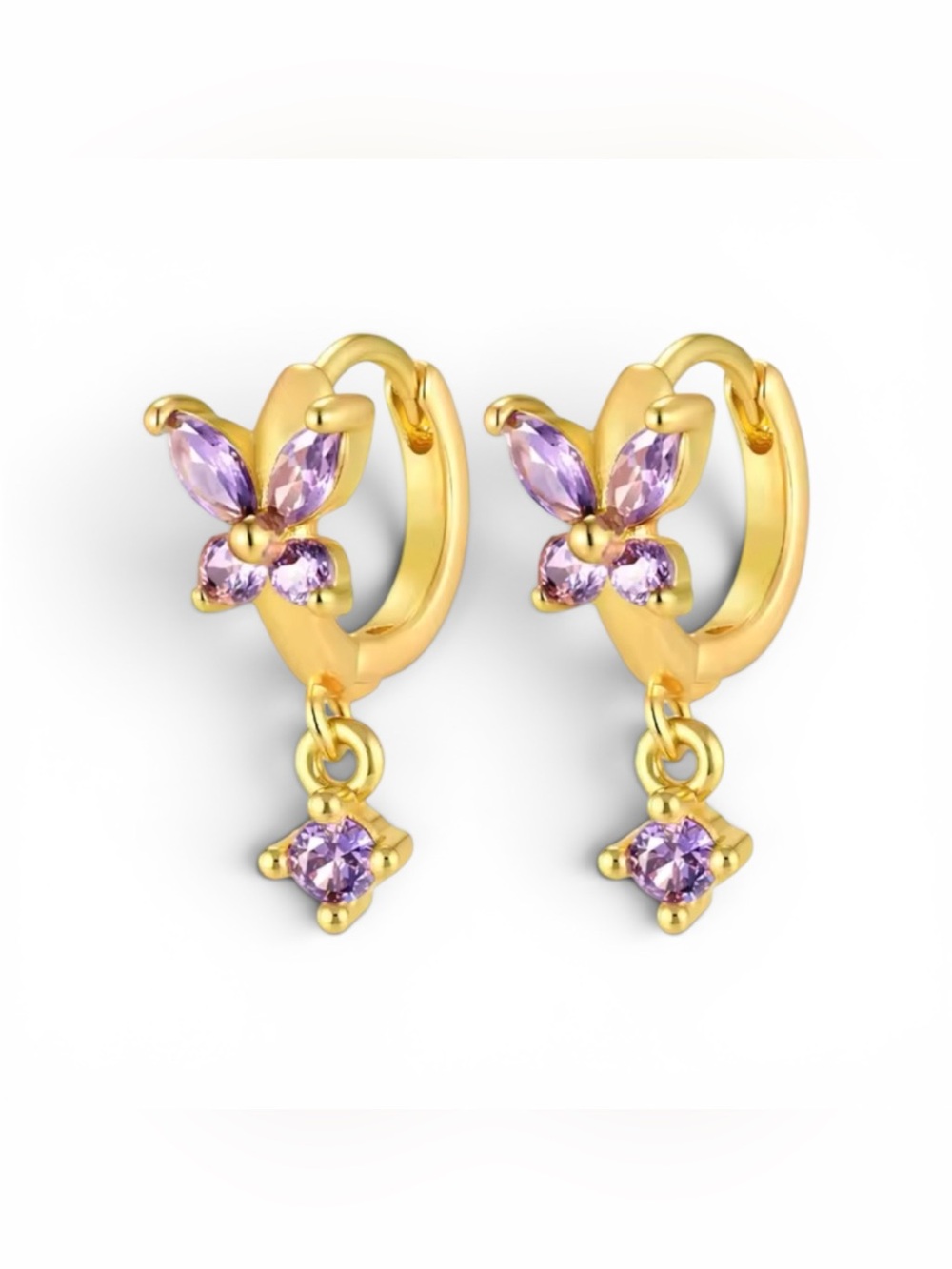 Gold Butterfly Huggie Earrings with Lavender Crystals